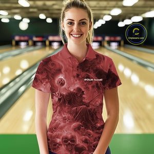 Custom Red Flame Skull Bowling Polo Shirts, Red Smoke Bowling Hallween Outfit IPHW9472