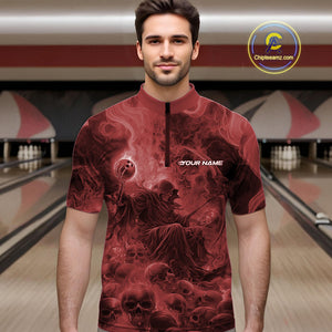 Custom Red Flame Skull Bowling Quarter-Zip Shirts, Red Smoke Bowling Hallween Outfit IPHW9472
