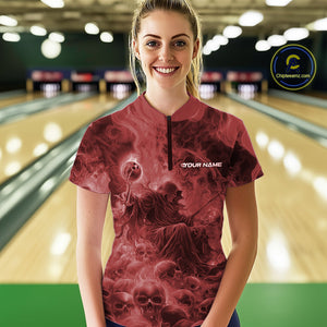 Custom Red Flame Skull Bowling Quarter-Zip Shirts, Red Smoke Bowling Hallween Outfit IPHW9472