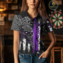 Load image into Gallery viewer, Custom Purple Line American Flag Patriotic Skull Dart Women Polo Shirt, Halloween Outfit IPHW9693