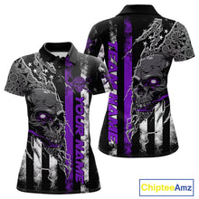 Load image into Gallery viewer, Custom Purple Line American Flag Patriotic Skull Dart Women Polo Shirt, Halloween Outfit IPHW9693
