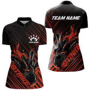 Custom Black And Orange Flame Ladies Bowling Shirts, Strike Bowling Team Shirts Outfit IPHW7424