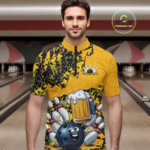 Custom Funny Bowling Beer Men Quarter-Zip Shirts, Yellow Camo Bowling Ball Pattern Bowling Jersey IPHW9825