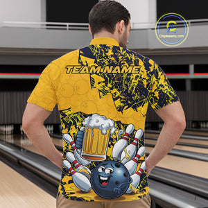 Custom Funny Bowling Beer Men Quarter-Zip Shirts, Yellow Camo Bowling Ball Pattern Bowling Jersey IPHW9825