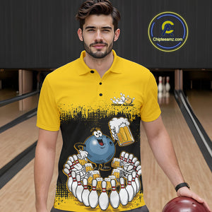 Custom Black And Yellow Funny Bowling Ball Drinking Beer Party Bowling Polo Shirts For Men IPHW9826
