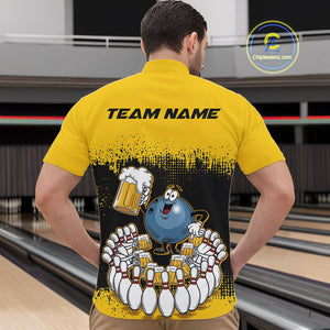 Custom Black And Yellow Funny Bowling Ball Drinking Beer Party Bowling Quarter-Zip Shirts For Men IPHW9826