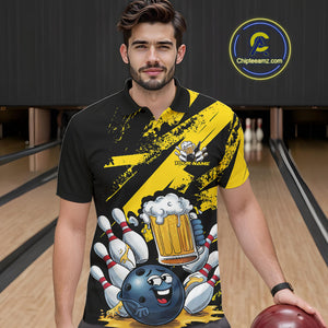 Custom Grunge Yellow Funny Bowling And Beer Polo Shirts For Men, Bowling Team Outfit IPHW9831