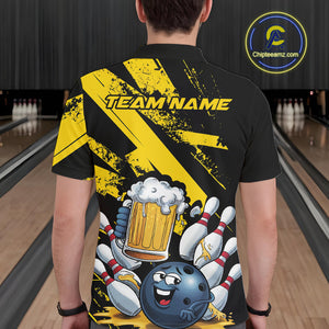 Custom Grunge Yellow Funny Bowling And Beer Polo Shirts For Men, Bowling Team Outfit IPHW9831