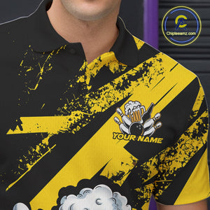 Custom Grunge Yellow Funny Bowling And Beer Polo Shirts For Men, Bowling Team Outfit IPHW9831