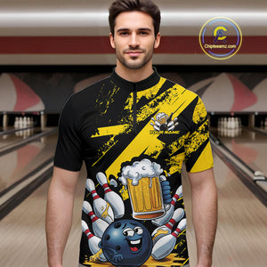 Custom Grunge Yellow Funny Bowling And Beer Quarter-Zip Shirts For Men, Bowling Team Outfit IPHW9831