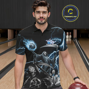Custom Blue Lightning Grim Reaper Skull Bowling Men Polo Shirt, Halloween Outfit IPHW9848
