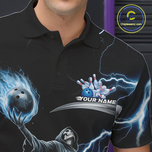 Custom Blue Lightning Grim Reaper Skull Bowling Men Polo Shirt, Halloween Outfit IPHW9848