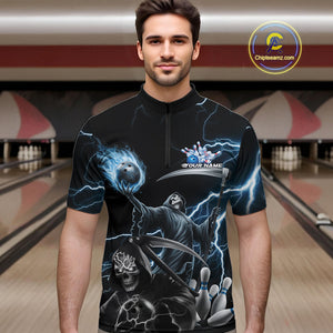 Custom Blue Lightning Grim Reaper Skull Bowling Men Quarter-Zip Shirt, Halloween Outfit IPHW9848