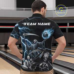 Custom Blue Lightning Grim Reaper Skull Bowling Men Quarter-Zip Shirt, Halloween Outfit IPHW9848