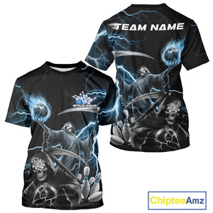Custom Blue Lightning Grim Reaper Skull Bowling Men T-Shirts Shirt, Halloween Outfit IPHW9848
