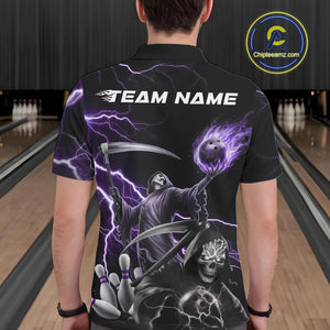 Custom Purple Lightning Grim Reaper Skull Bowling Men Polo Shirt, Halloween Outfit IPHW9849