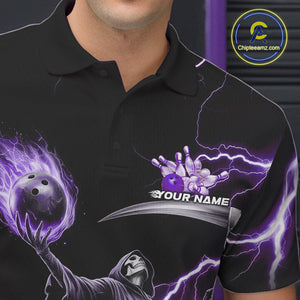 Custom Purple Lightning Grim Reaper Skull Bowling Men Polo Shirt, Halloween Outfit IPHW9849