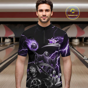 Custom Purple Lightning Grim Reaper Skull Bowling Men Quarter-Zip Shirt, Halloween Outfit IPHW9849