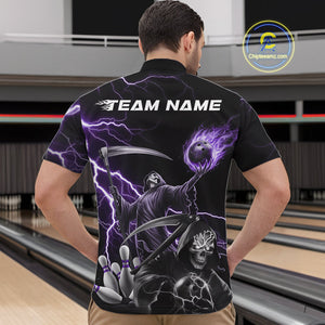 Custom Purple Lightning Grim Reaper Skull Bowling Men Quarter-Zip Shirt, Halloween Outfit IPHW9849
