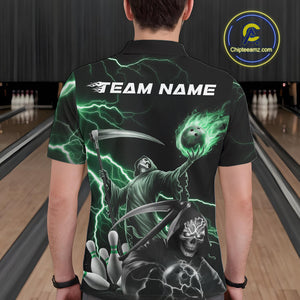 Custom Green Lightning Grim Reaper Skull Bowling Men Polo Shirt, Halloween Outfit IPHW9850