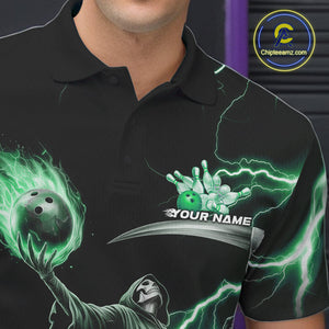 Custom Green Lightning Grim Reaper Skull Bowling Men Polo Shirt, Halloween Outfit IPHW9850