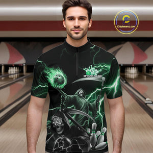 Custom Green Lightning Grim Reaper Skull Bowling Men Quarter-Zip Shirt, Halloween Outfit IPHW9850