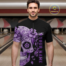 Load image into Gallery viewer, Purple Sugar Skull Tattoo Custom Men Bowling Quarter-Zip Shirt, Halloween Team Bowling Jerseys IPHW10722