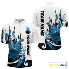 Load image into Gallery viewer, Custom Blue Flame Bowling Team Jerseys, Bowling League Quarter-Zip Shirt For Men IPHW10725