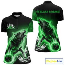 Load image into Gallery viewer, Green Flame Wolf Custom Bowling Team Shirt For Women, Fire Wolf Bowling Jerseys IPHW10736