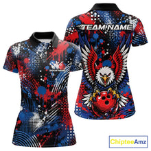 Load image into Gallery viewer, Custom red, white, and blue patriotic eagle women's bowling polo shirt with paint splatter graphics showing front and back views