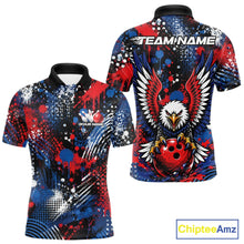 Load image into Gallery viewer, Custom red, white, and blue patriotic eagle bowling polo shirt with paint splatter graphics showing front and back views