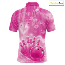 Load image into Gallery viewer, Custom Pink Valentine Bowling Couple Shirts, Pink Heart Theme Bowling Jerseys With His Name And Her Name IPHW10470