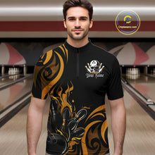 Load image into Gallery viewer, Custom Black And Yellow Tribal Flame Bowling Men Shirt, Bowling League Shirt Team Jerseys IPHW10739