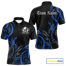 Load image into Gallery viewer, Custom Black And Blue Tribal Flame Bowling Men Shirt, Bowling League Shirt Team Jerseys IPHW10740