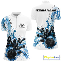 Load image into Gallery viewer, Custom Blue Music Flame Bowling Women Quarter-Zip Shirt, Bowling League Shirt IPHW10994