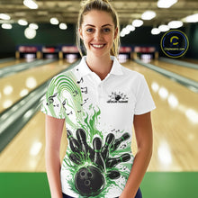 Load image into Gallery viewer, Custom Green Music Flame Bowling Women Polo Shirt, Bowling League Shirt Bowler Jerseys IPHW10996