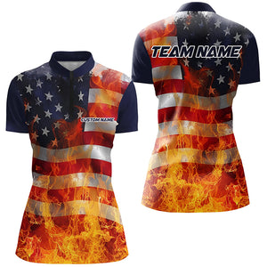 American Flag Flame Custom ladies Bowling Team Shirts, Patriotic Bowling Team Jerseys IPHW6435