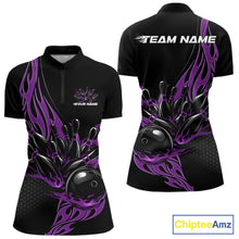 Load image into Gallery viewer, Custom Purple Flame Bowling Women Quarter-Zip Shirt, Team Jerseys Bowling League Shirt IPHW11283