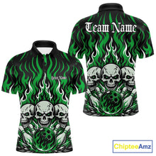 Load image into Gallery viewer, Personalized black-and-Green bowling polo with dramatic flame patterns, three skulls, bowling pins, a front chest name, and ornate team name lettering on the back.
