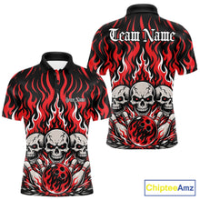 Load image into Gallery viewer, Personalized black-and-Red bowling polo with dramatic flame patterns, three skulls, bowling pins, a front chest name, and ornate team name lettering on the back.
