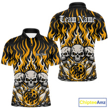 Load image into Gallery viewer, Personalized black-and-Yellow bowling polo with dramatic flame patterns, three skulls, bowling pins, a front chest name, and ornate team name lettering on the back.
