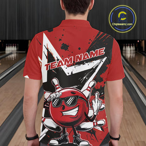Custom Black And Red Star Funny Bowling Polo Shirts For Men, Bowling Tournament Shirt IPHW9358