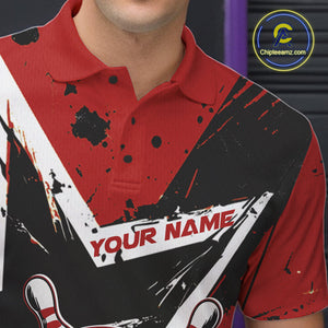 Custom Black And Red Star Funny Bowling Polo Shirts For Men, Bowling Tournament Shirt IPHW9358