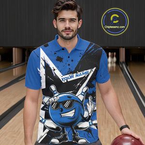 Custom Black And Blue Star Funny Bowling Polo Shirts For Men, Bowling Tournament Shirt IPHW9359