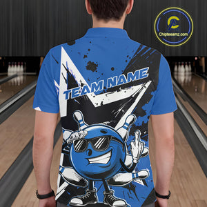 Custom Black And Blue Star Funny Bowling Polo Shirts For Men, Bowling Tournament Shirt IPHW9359
