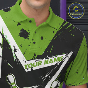Custom Black And Green Star Funny Bowling Polo Shirts For Men, Bowling Tournament Shirt IPHW9360