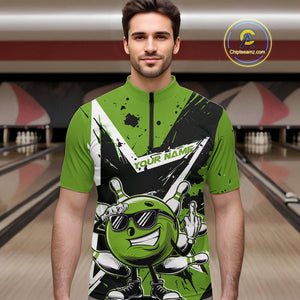 Custom Black And Green Star Funny Bowling Quarter-Zip Shirts For Men, Bowling Tournament Shirt IPHW9360