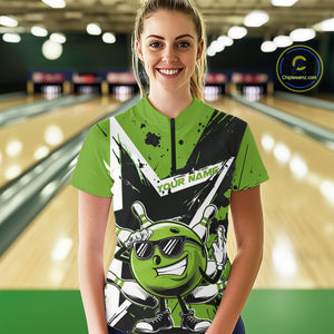 Custom Black And Green Star Funny Bowling Women Quarter-Zip Shirt, Bowling Team Shirt IPHW9360
