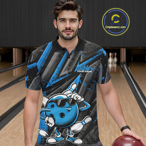 Black And Blue Funny Custom Bowling Jerseys, Cool Bowling Polo Shirts For Men IPHW9362