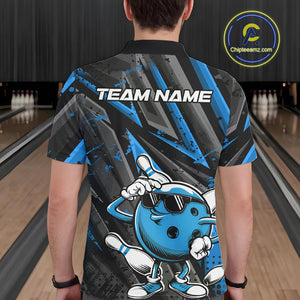 Black And Blue Funny Custom Bowling Jerseys, Cool Bowling Polo Shirts For Men IPHW9362